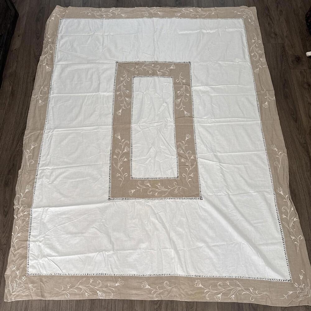 Embroidered Lg Cotton  Table Cloth 80”x64” Vintage Cut Ours  Excellent Condition